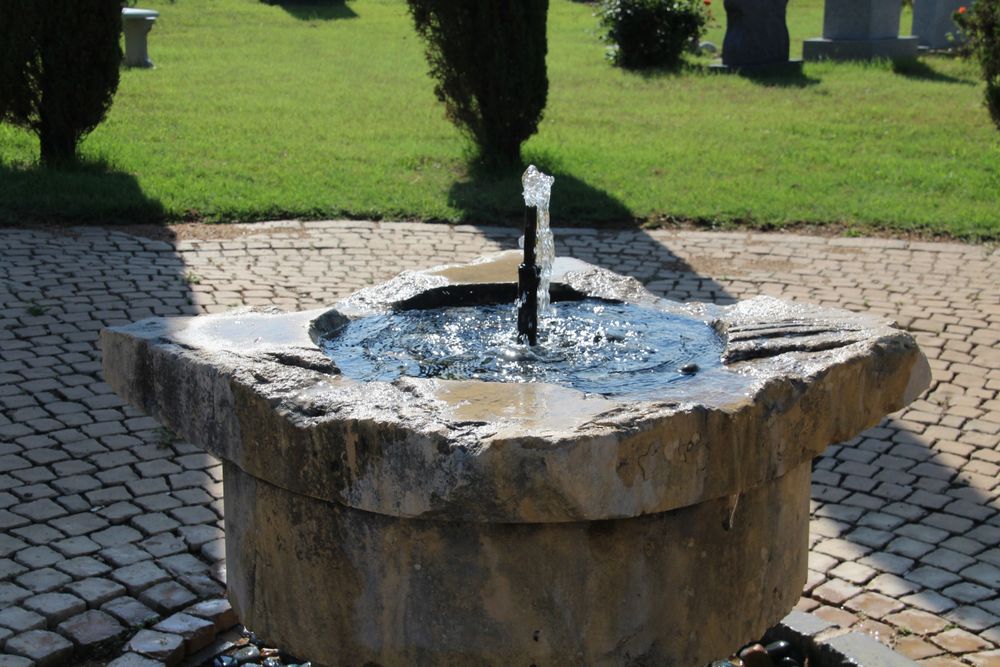 The St. Francis fountain surrounded by greenery